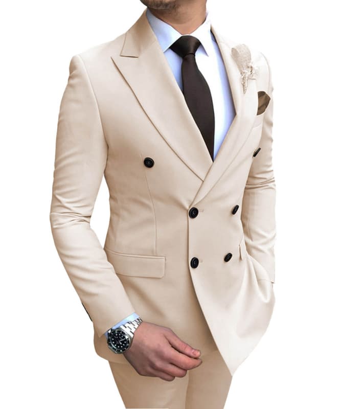 Double Breasted Wedding Groomsman Suit in Sky Blue Beige