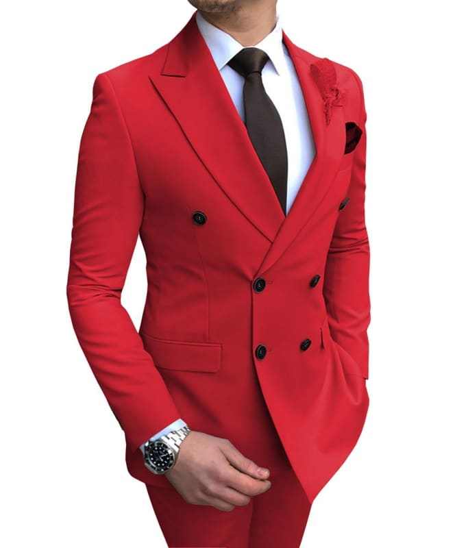 Double Breasted Wedding Groomsman Suit in Sky Blue Red / XS