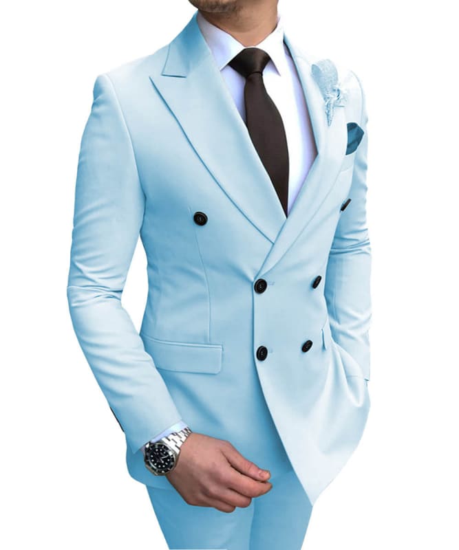 Double Breasted Wedding Groomsman Suit in Sky Blue Sky Blue