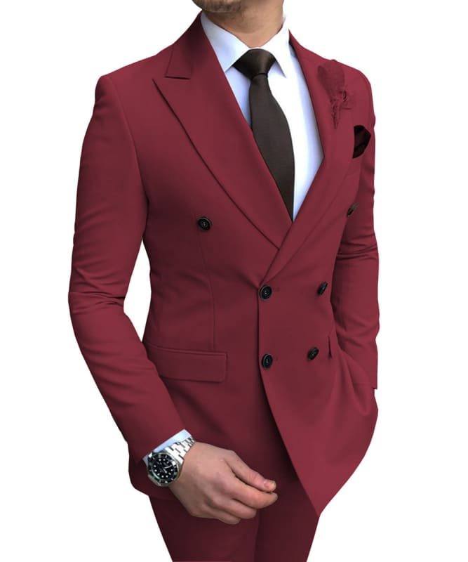 Double Breasted Wedding Groomsman Suit in Sky Blue Wine Red