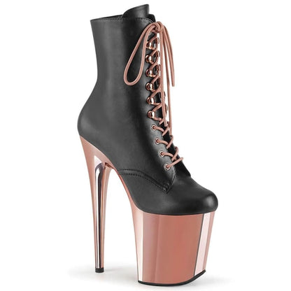 Extremely high-heeled black ankle boot with rose gold platform and heel.