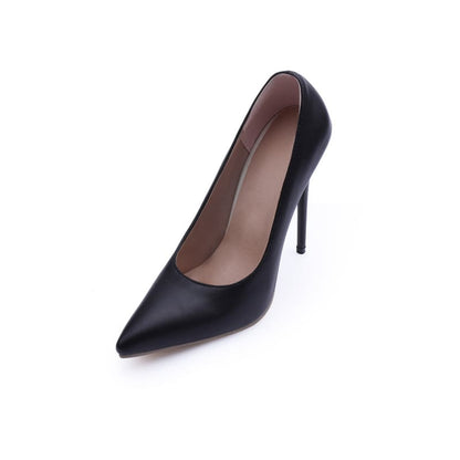 Black leather high-heeled pump with a pointed toe.