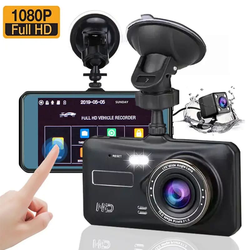 Dash camera with a touchscreen display and 1080p Full HD recording capability.