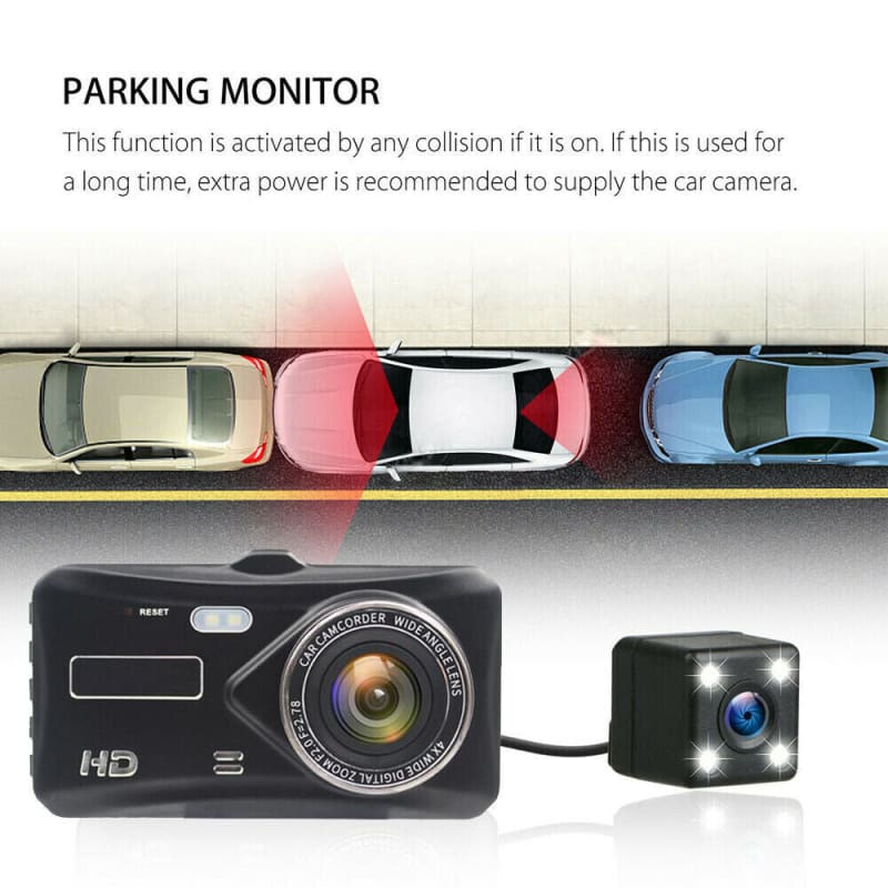 Parking monitor device with front and rear cameras for vehicle collision detection.