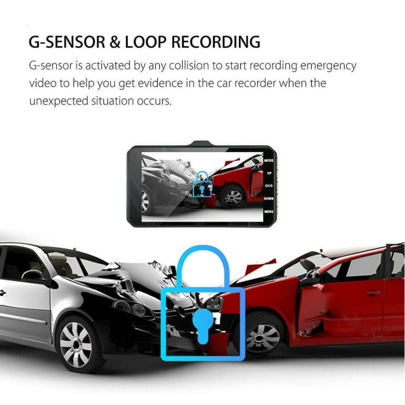 Car dash camera with G-sensor and loop recording capabilities for capturing collision evidence.