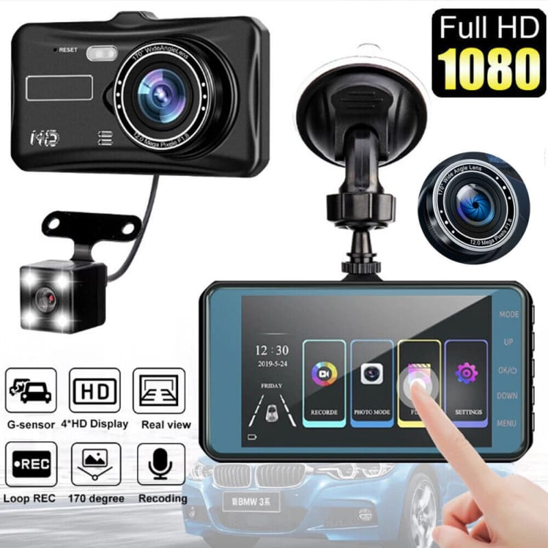 Dual-lens dashboard camera with a touchscreen display and various features for vehicle recording.