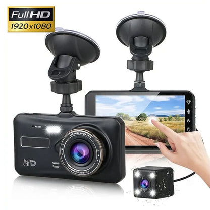 Dual-camera dashboard video recorder with a touchscreen display and suction cup mounts.