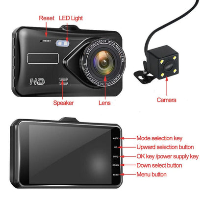 Dual-lens dashboard camera with labeled features and controls.