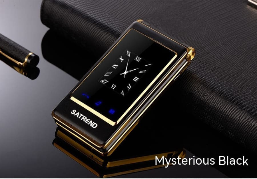 Sleek black and gold flip phone with a digital clock display on its outer screen.