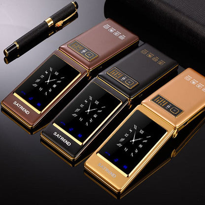 Luxury flip phones with digital displays in metallic gold, bronze, and black finishes.