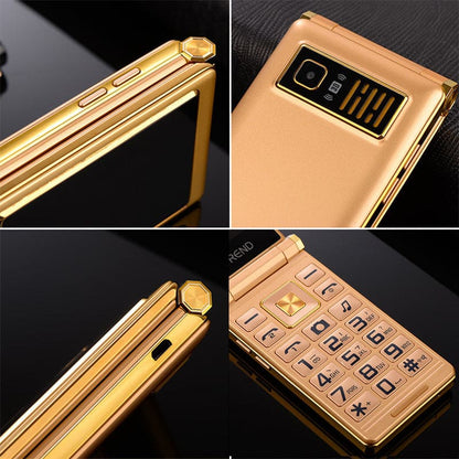 Luxury gold-colored flip phone with a keypad and camera.