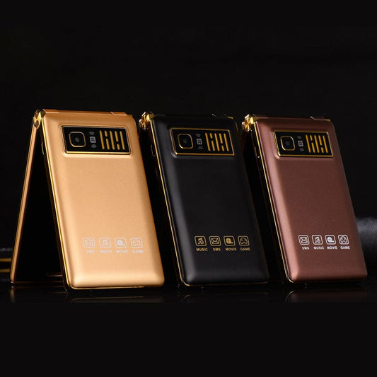 Three flip phones in gold, black, and rose gold colors with digital displays.