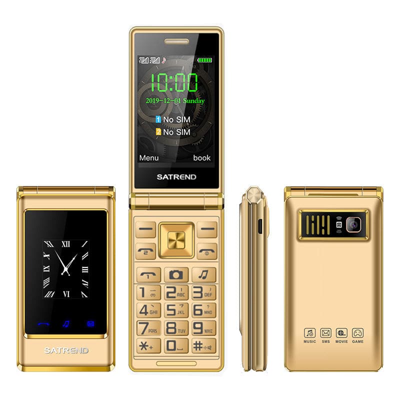 Gold-colored flip phone with dual screens and a numeric keypad.