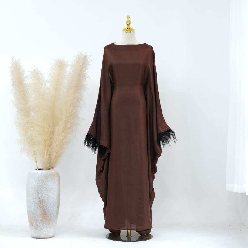 Dubai Spring Summer Party Fur Sleeves Dress Robe coffee / 1