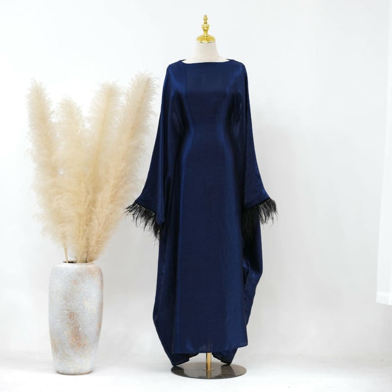 Dubai Spring Summer Party Fur Sleeves Dress Robe dark blue