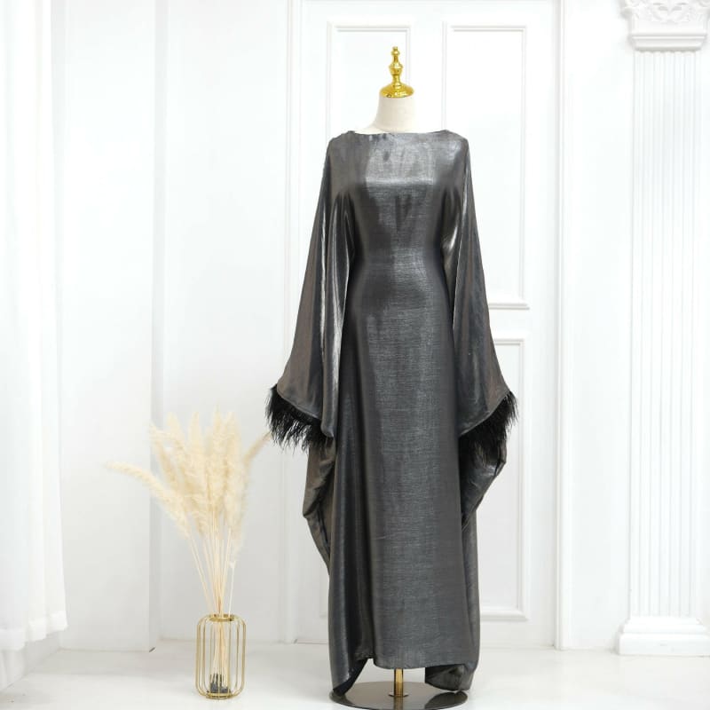 Dubai Spring Summer Party Fur Sleeves Dress Robe grey / 1