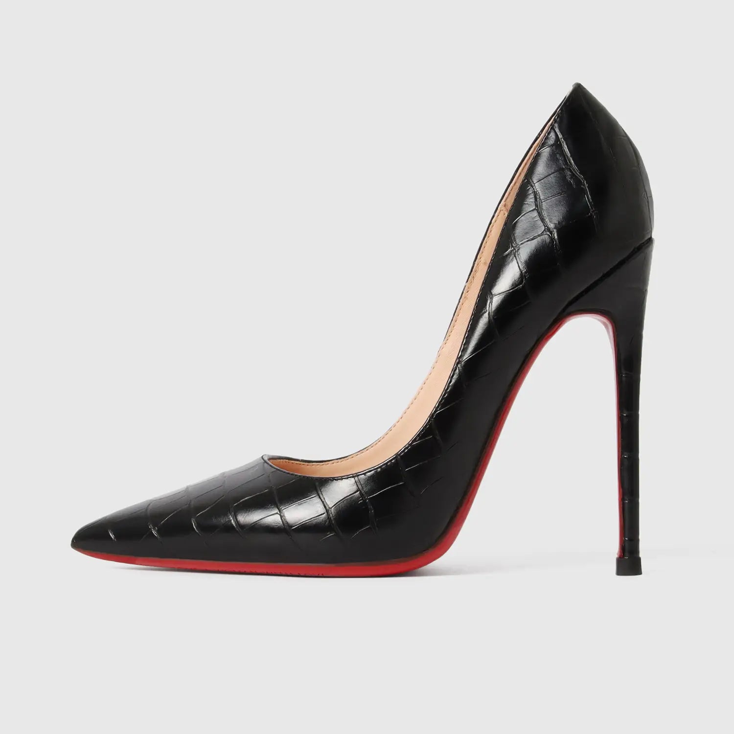 Black crocodile-textured patent leather stiletto pump with a bold red sole.