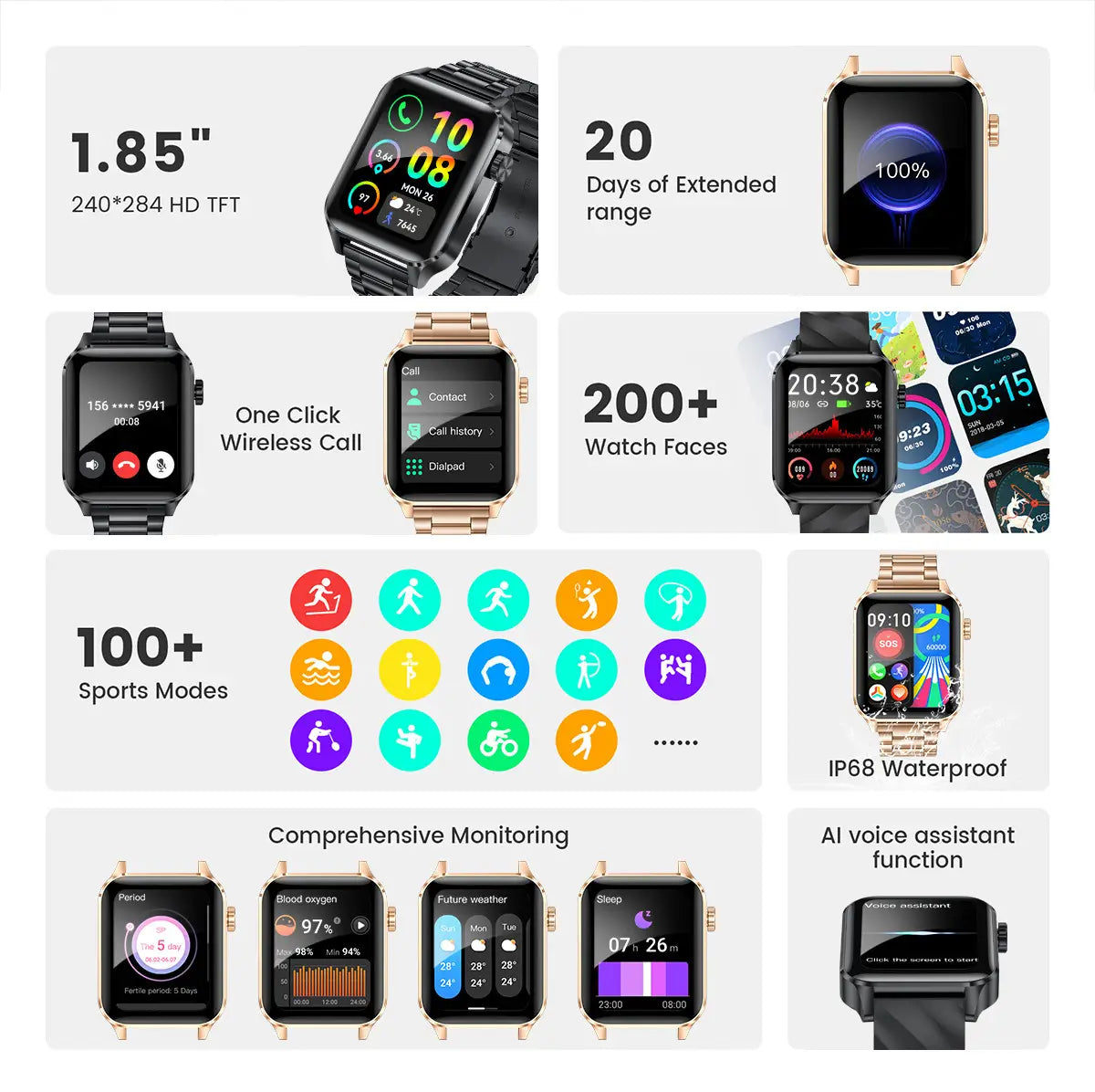 Stylish Black Smartwatch with Bluetooth calling and waterproof health monitoring features.