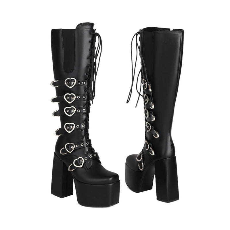 Unisex High Heel Punk Front Lace-up Multi Buckle High Leg