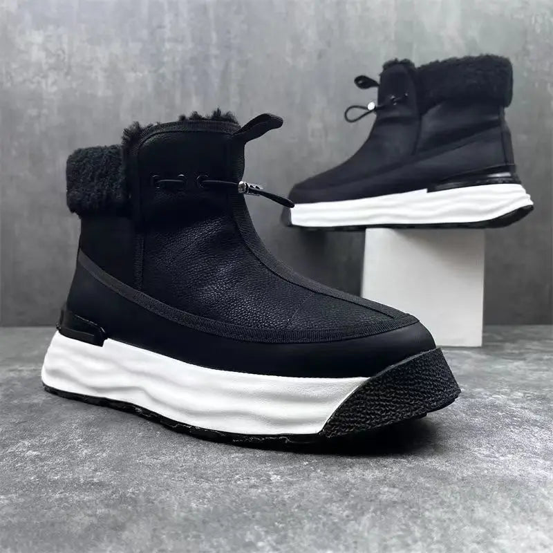 Black winter ankle boot with white platform sole and furry trim for mens high-top platform.