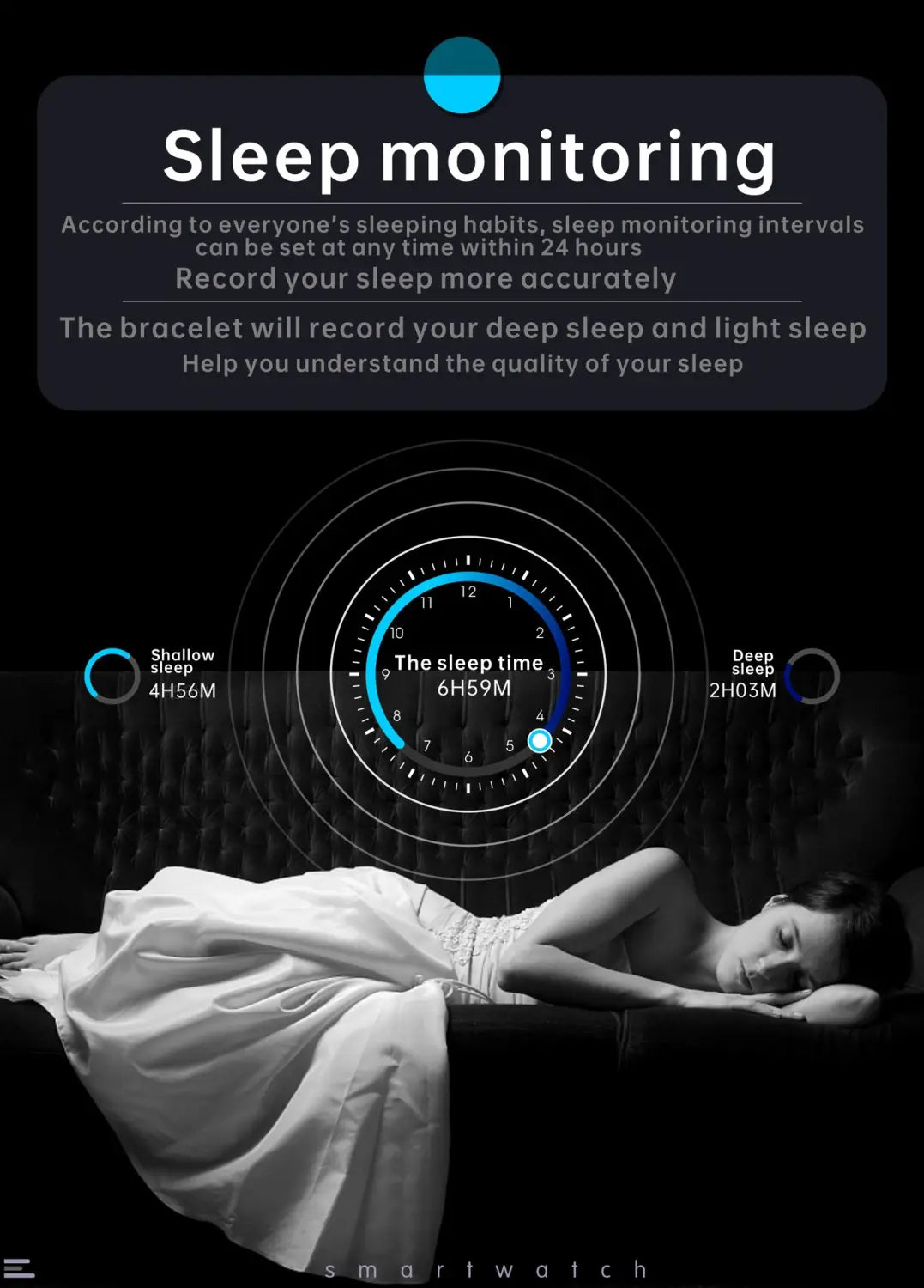 Interface de surveillance du sommeil sur la montre intelligente Smartpulse Ai avec suivi de la fréquence cardiaque.