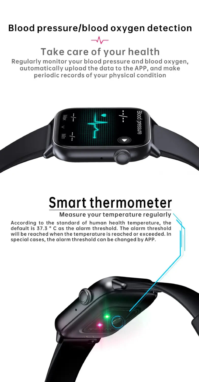 Montre intelligente Smartpulse Ai noire pour le suivi de la santé avec surveillance de la fréquence cardiaque et de la température corporelle.