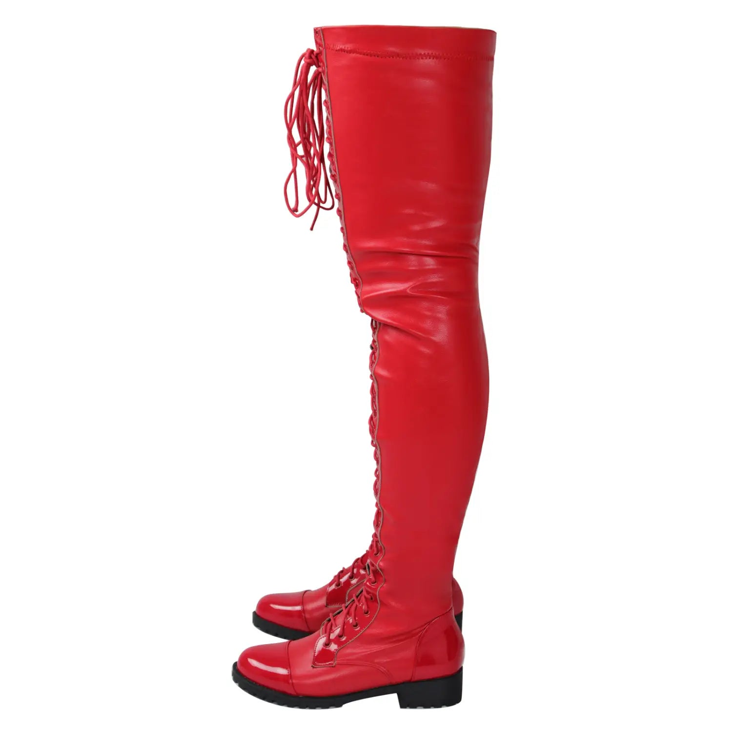 Lace Up Side Zipper Low Heel Full Length Thigh Boots