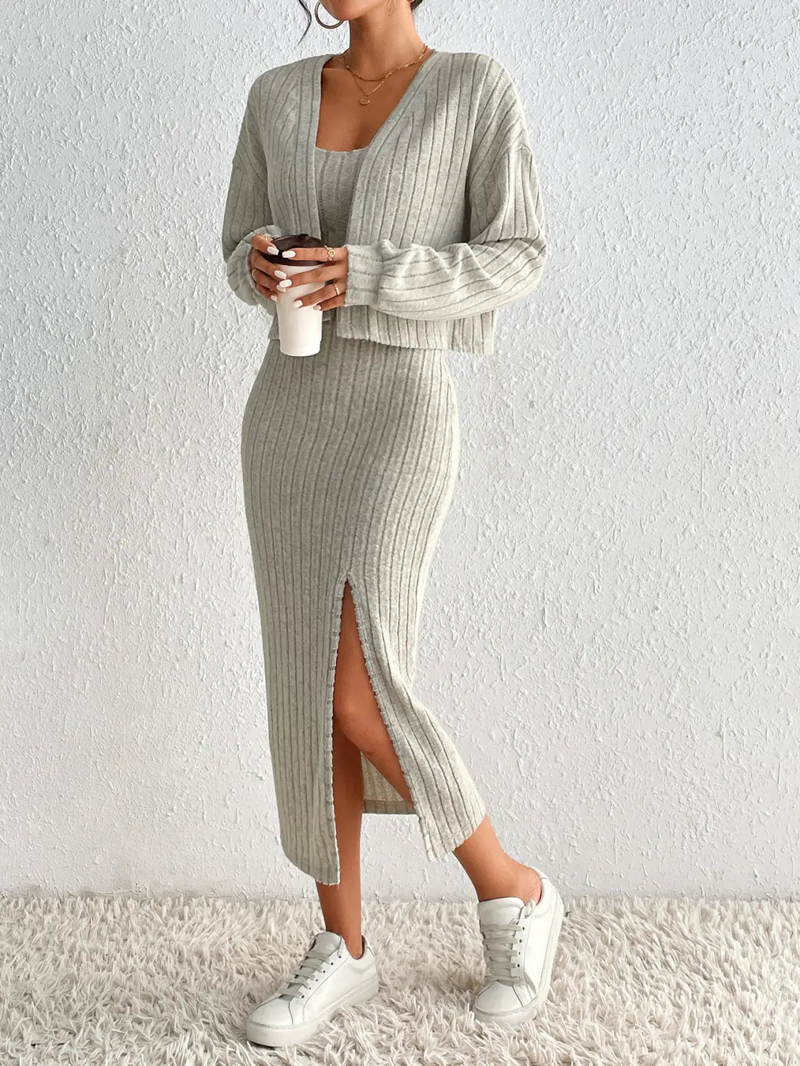 Ladies Long Sleeve Knitted Dress and Jacket Two-piece Set