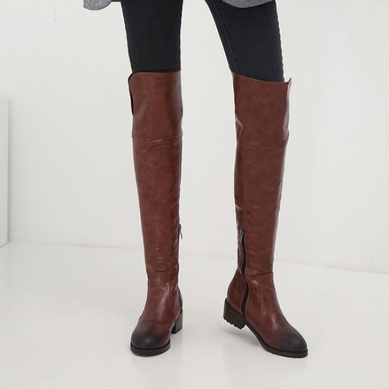 Over The Knee Flat Low Square Heel Ladies Riding Style Boots