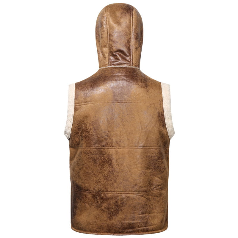 Mens Leather and Fur Lined and Hooded Zip Up Gilet Vest