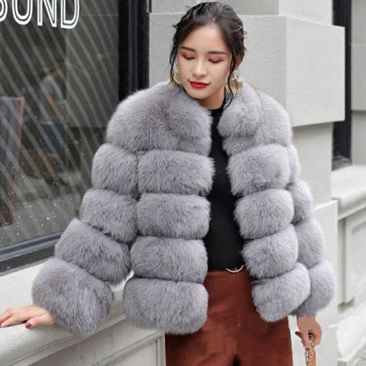 Faux Fox Fur Ladies Slimming and Stand Collar Coat