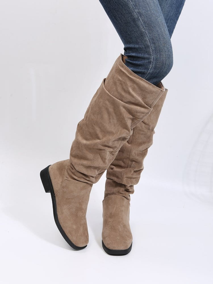 Slouchy tan Faux Suede Knee High Boots with flat heel for ladies in solid color style.