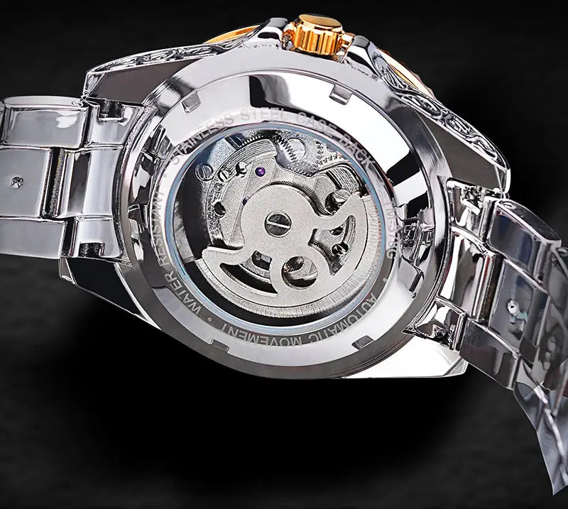 Mouvement de montre mécanique et bracelet en acier inoxydable en Tourbillon sculpté squelette pour homme.