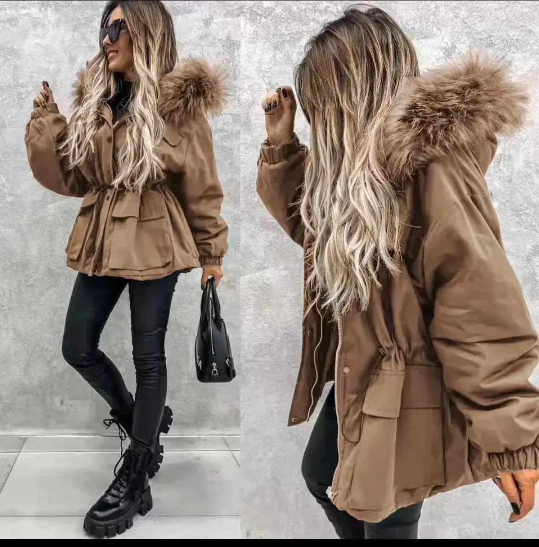 Tan Parka Coat with Faux Fur Collar and Belted Waist, perfect for winter style.