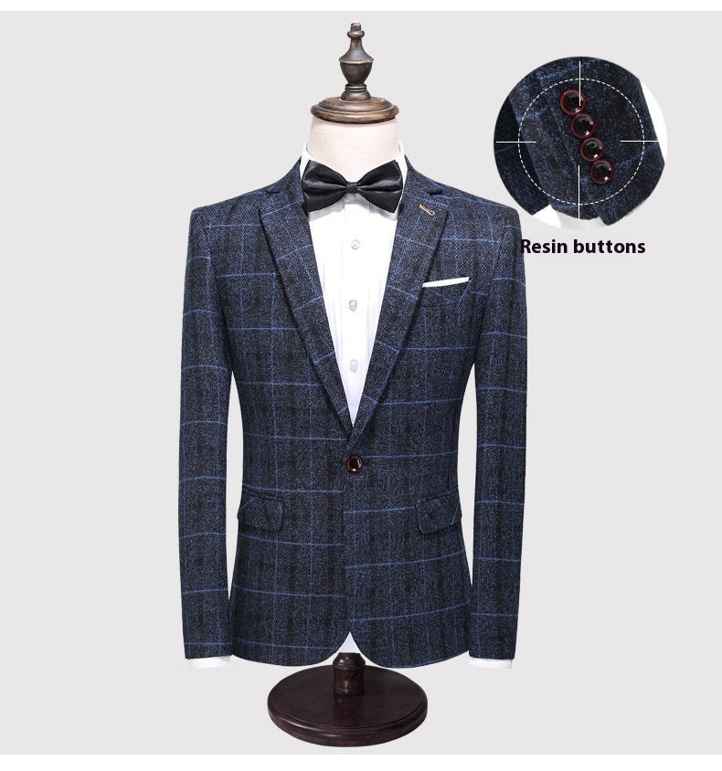 Men's Three-piece Slim-fitting English Style Checked Suit