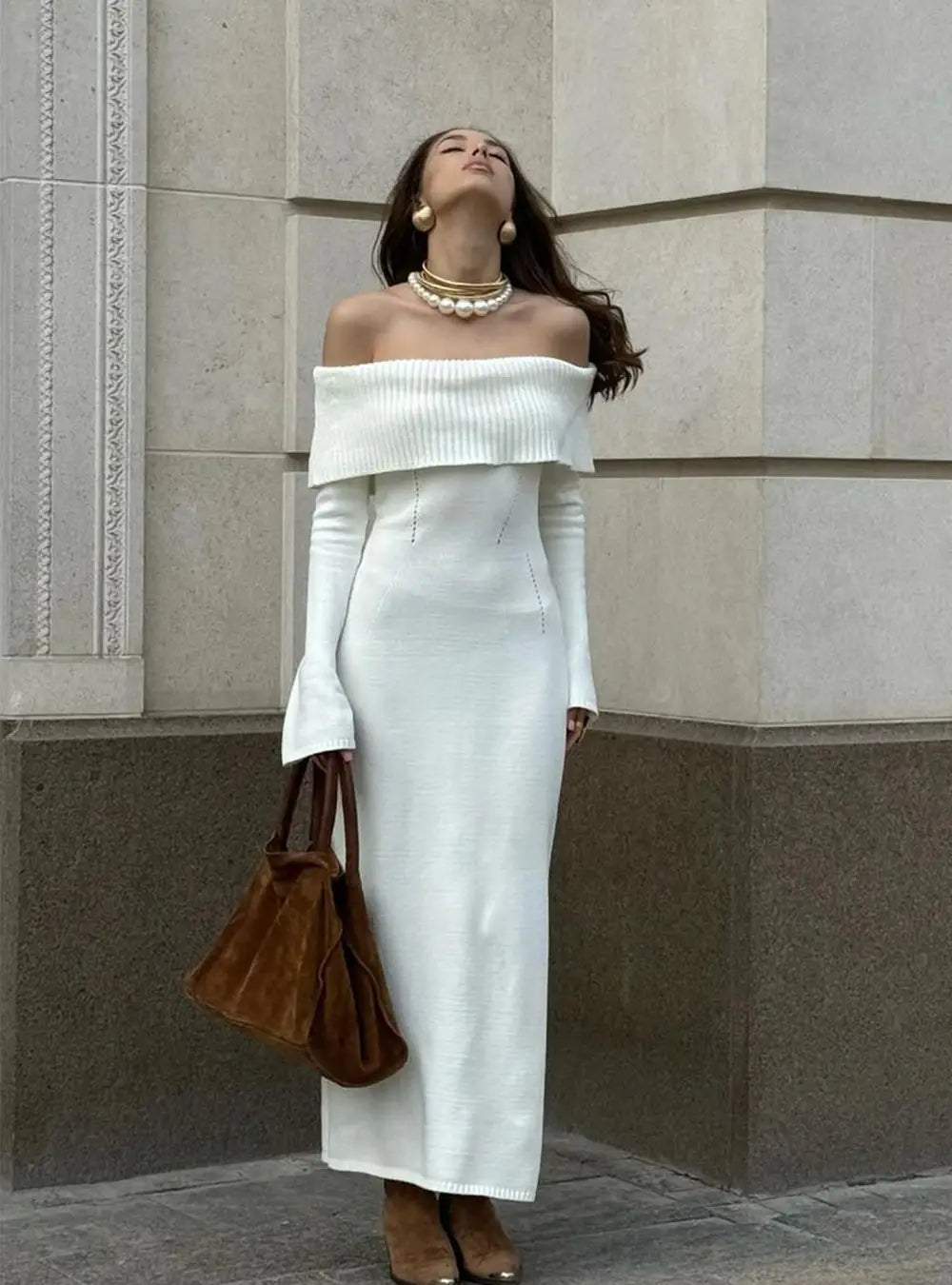 Off-the-shoulder Long Sleeve Knitted Bodycon Maxi Dress