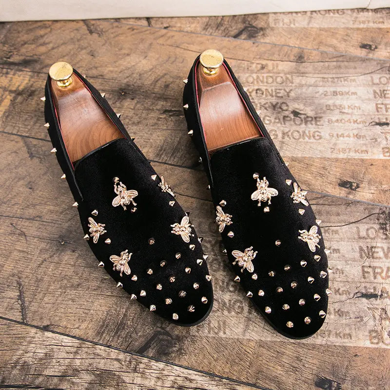 Black velvet loafers with bee encrusted design and studs, perfect casual studded loafers for men.