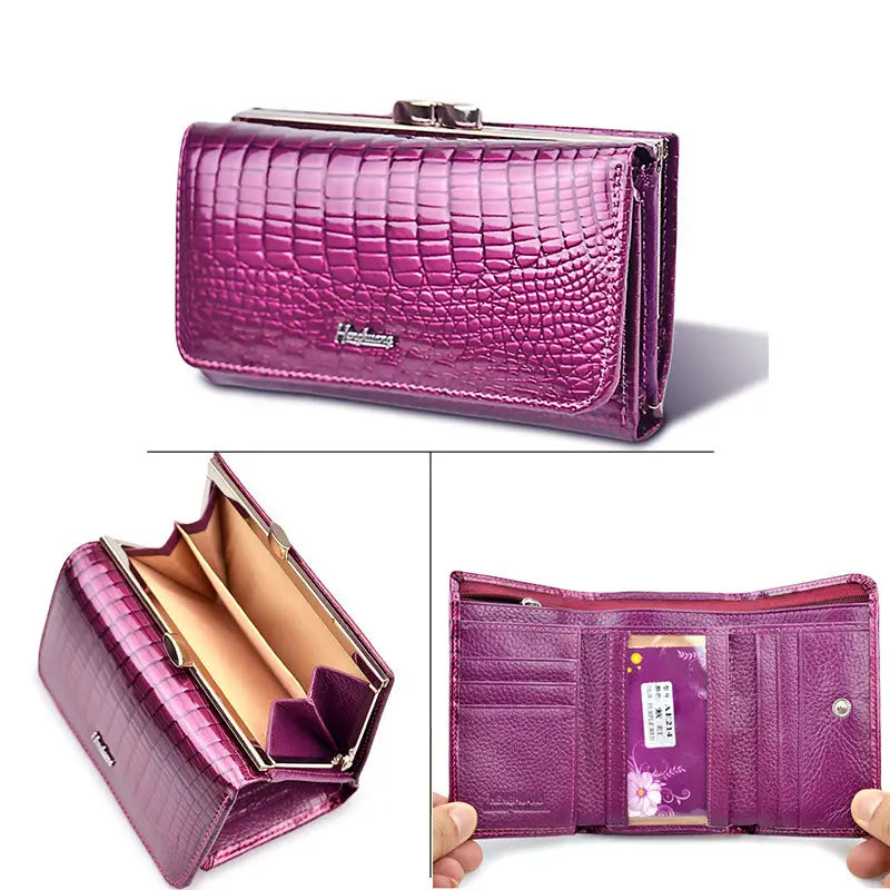 Purple crocodile-textured leather wallet in a Wine Red Patent Leather Crocodile Print Purse.