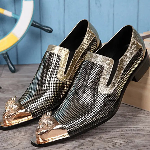 Stylish Metallic Gold and Silver Pointed Toe Leather Formal Shoes with Mesh Uppers