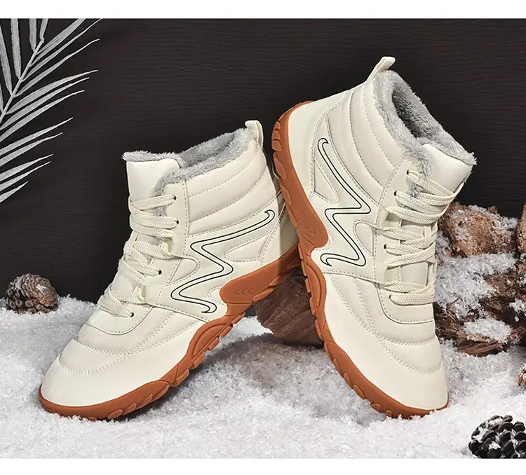 White winter sneakers with brown rubber soles and zigzag design for men’s warm sneakers.