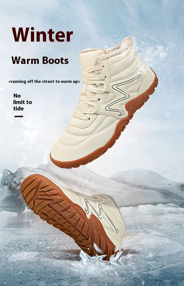 Cream-colored fur lined snow boots with gum sole and stylish zigzag design.