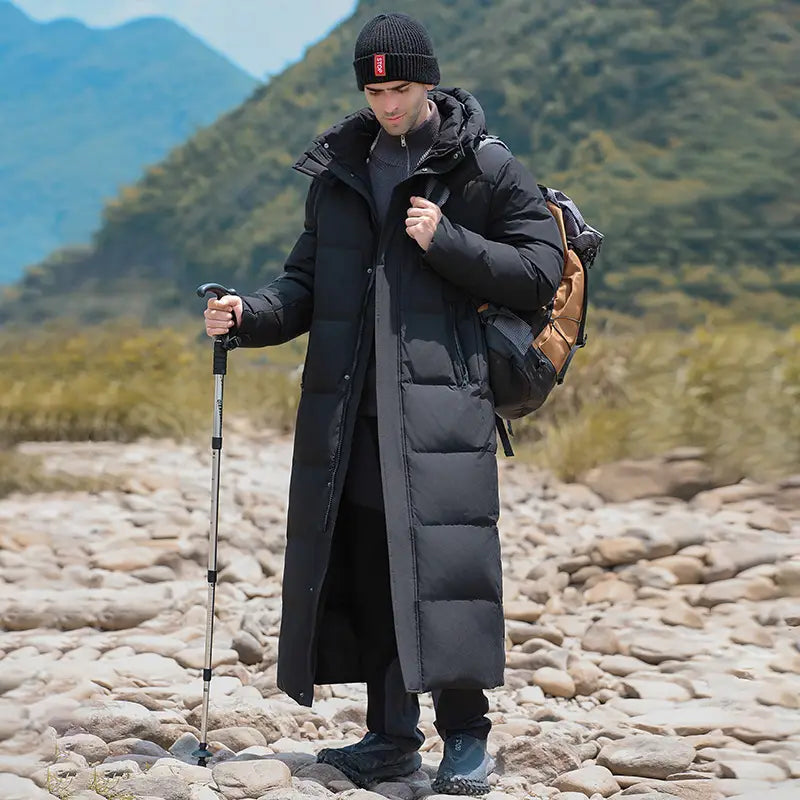 Men’s Luxury Padded Quilted Long Coat in stylish black for ultimate winter comfort.