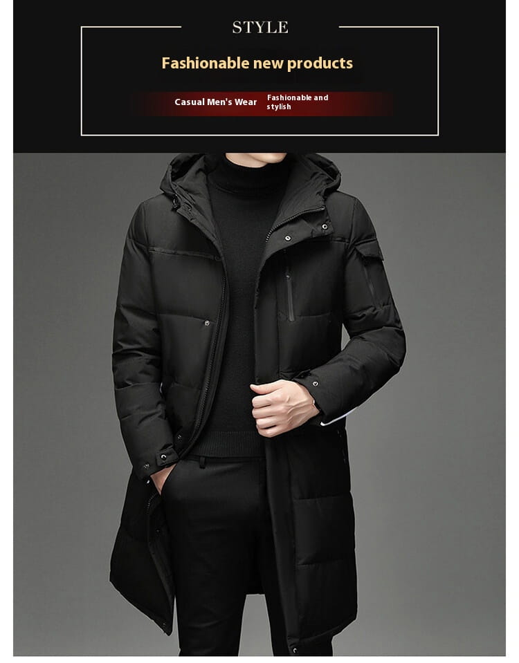 Stylish Black Hooded Knee Length Coat with Thermal Insulation for Cold Days.