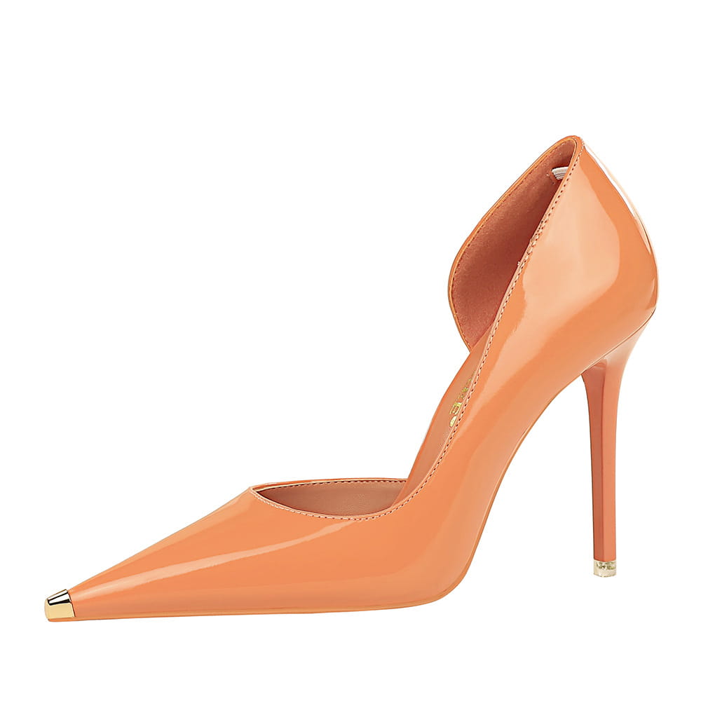 Peach high heel pump with metallic gold toe cap perfect for stylish elegance and capped pointed toe.