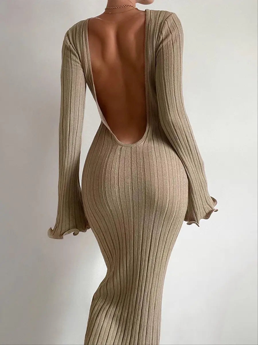 Beige Backless Knitted Maxi Dress with Long Sleeves