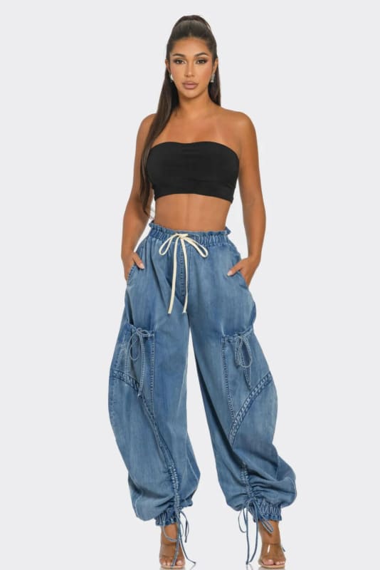 Elastic Waistband Loose Fit Straight Leg Jeans