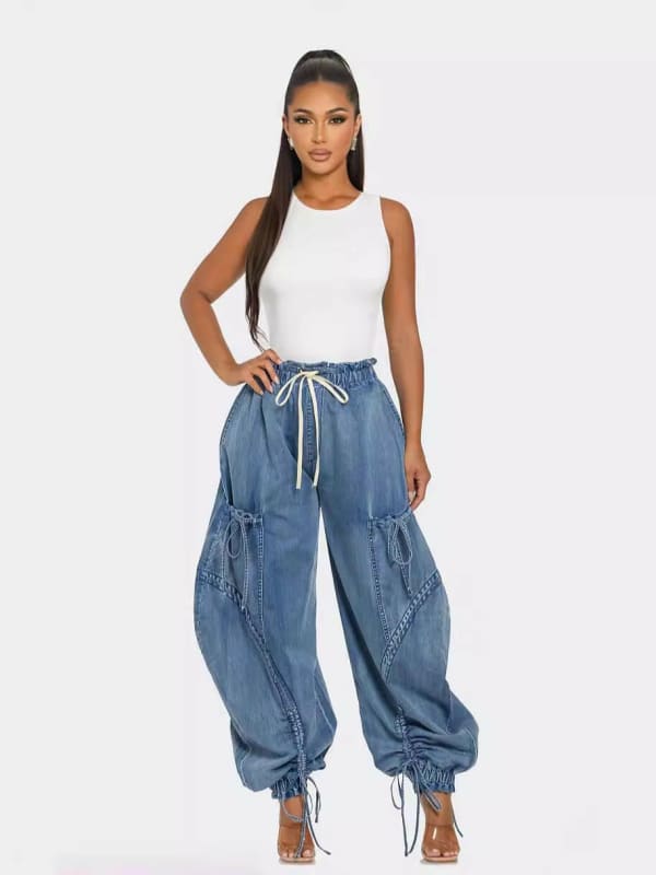 Elastic Waistband Loose Fit Straight Leg Jeans