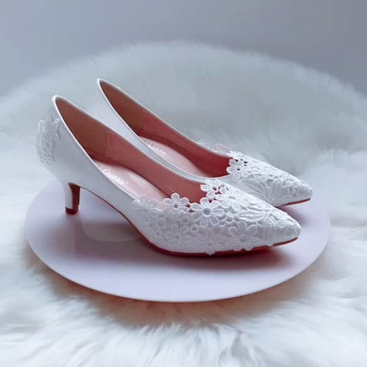 Elegant Simple Lace Flower Wedding Shoes White 5cm High Heel Bridal Shoes - Pleasures and Sins