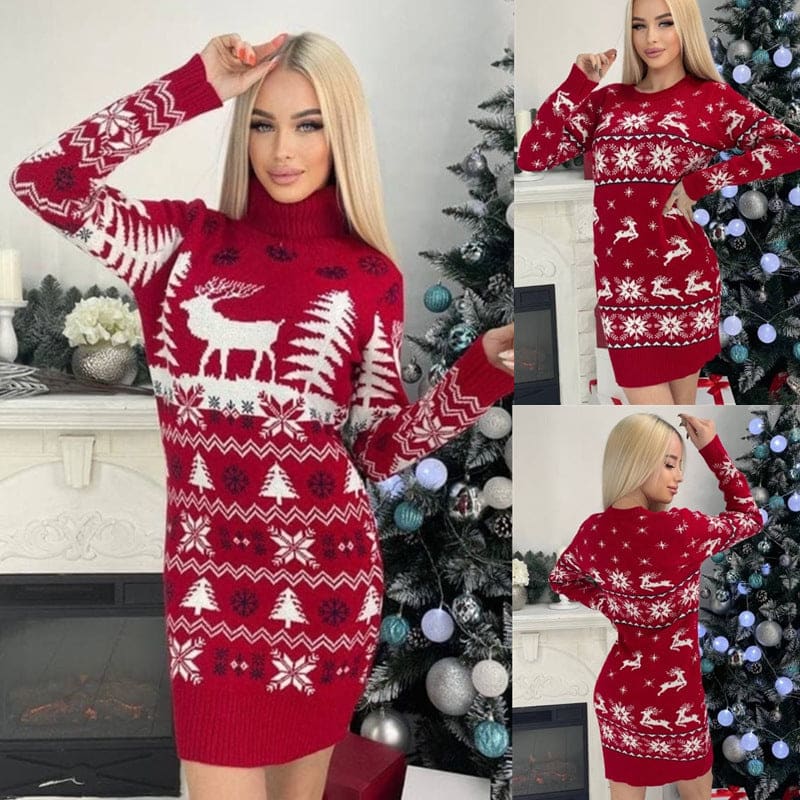 Red knit Christmas sweater dress with white reindeer and snowflake patterns.