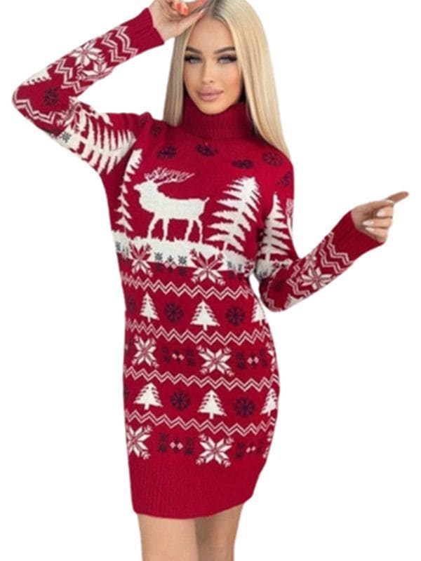 Red and white Christmas-themed sweater dress featuring reindeer and tree patterns.